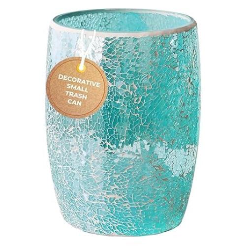 Modern Bathroom Trash Can Mosaic Glass 5L | 7 x 10 | Decorative Small Garbage Can | Luxury Waste Basket for Restroom, Office, Bedroom & Kitchen | Shiny Turquoise Green Bathroom Accessories