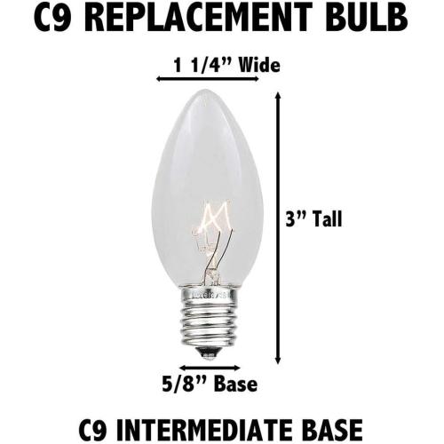 Novelty Lights Incandescent Christmas Replacement Bulbs - Indoor/Outdoor Individual Bulbs for Christmas Tree, Display, & More - C9/E17 Intermediate Base, 7 Watt Lights (Multi, 25 Pack)