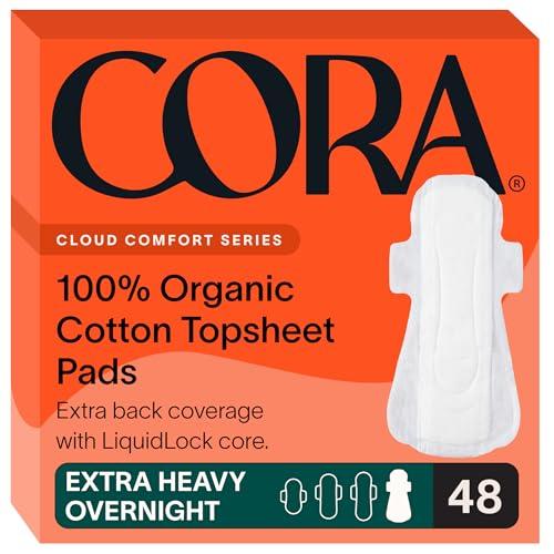 Cora 100% Organic Cotton Topsheet Extra Heavy Overnight Pads (48 Count) | Extra Heavy Absorbency Period Pads with Wings, Up to 12 Hours of Leak Protection, Made Without Harsh Chemicals, Feminine Care
