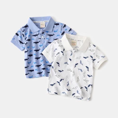Size140/72 Color White WAPYPY Toddler Baby Summer Boys Polo T Shirt Collared Cartoon Print Button Polo Shirt Top Casual Sport Tee Kid Shark