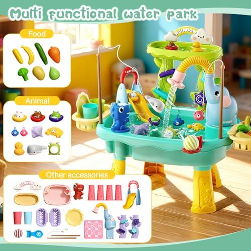 2027 Upgraded 4-in-1 Sand Water Table for Toddlers 1-3, Kids Sensory Table with Electric Water Pump & Elephant Faucet, Play Kitchen Sink with Food Accessories, Fishing Toy (Blue) | 4-in-1 sand and water table with electric pump, play kitchen sink and fishing accessories for indoor or outdoor sensory play.