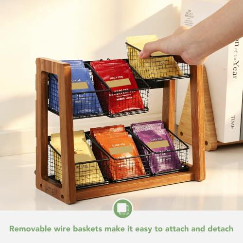 HTB 2 Tier Tea Organizer for Tea Bags with 6 Removable Metal Baskets | Acacia Wood Tea Bag Holder for Sugar Packets, Sweeteners, Creamers,Tea Bag Box Caddy for Cabinet, Counter,Office Wall-mounted