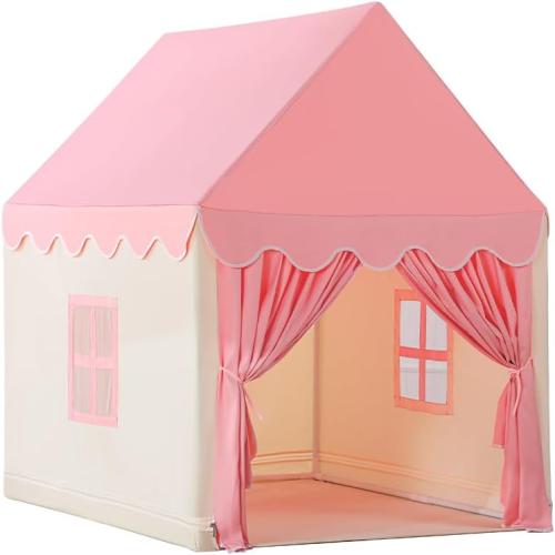 Pink Play Tent House with Curtains — Indoor Princess Playhouse with Soft Fabric Roof & Windows, Stable Frame Structure, Cozy Reading & Play Space for Home Use