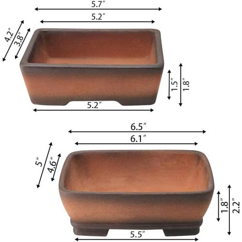 MUZHI 2 Pack Handmade Color Gradational Terracotta Bonsai Pot 5 Inch and 6 Inch with Drip Tray, Breathable Unglazed Rectangle Ceramic Planter for Tree Succulent Cactus