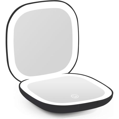 Compact Magnifying Travel Makeup Mirror with LED Light - 3.5 inches 1X/10X Magnification Small Hand Pocket Dimmable Double Sided USB Rechargeable Touch Screen, Portable Tabletop Cosmetic (Black)
