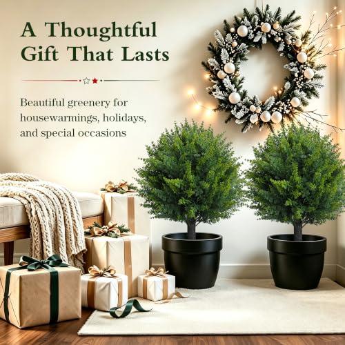 25” Artificial Cedar Topiary Ball Tree, Set of 2 with Ground Spikes, UV Resistant Faux Cypress Plants, Evergreen Shrubs for Outdoor Front Porch Garden Backyard Office Decor
