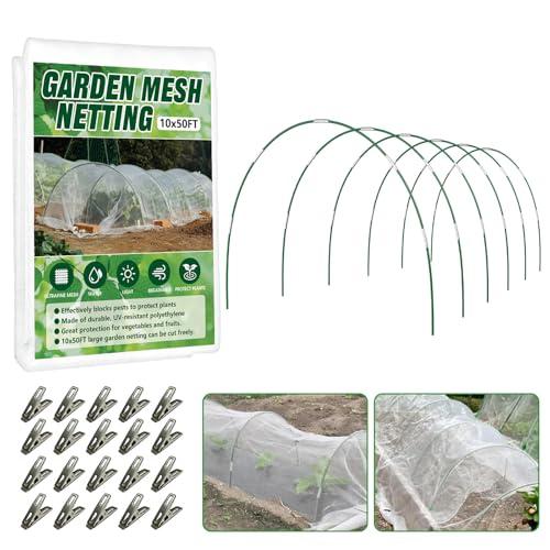 Garden Netting Kit for Raised Beds, 10x50FT Ultra Fine Mesh Netting ＆6 Sets Fiberglass Garden Hoops, Insect Netting for Garden Plant Row Cover Vegetable Flowers Protection Barrier