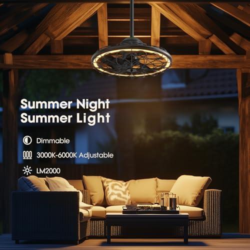 20 Outdoor Ceiling Fan, IP65 Waterproof Gazebo Fan with Light, Remote Control，6 Speeds，3CCT, Plug in Caged Ceiling Fan with Hanging Hook for Patio, Porch, Canopy
