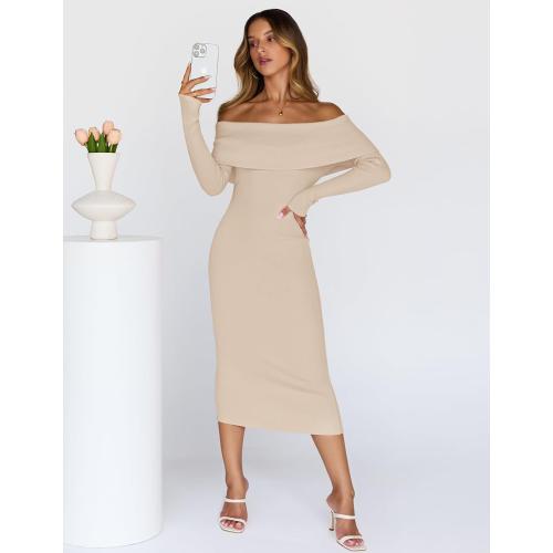 Large Women's Winter Off Shoulder Bodycon Sweater Dress 2026 Spring Formal Long Sleeve Elegant Club Party Midi Dresses