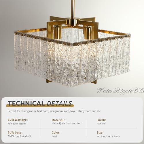 Size 16 Gold Chandeliers for Dining Room, 16 Square Modern Adjustable Pendant Lights for Kitchen Island,Crystal Light Fixture for Entryway Over Table