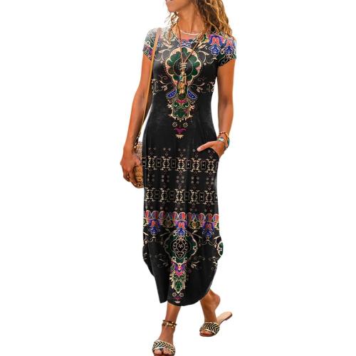 Akivide Womens Small Boho Summer Short Sleeve Ethnic Floral Print Maxi Dress 2024 Crew Neck Casual Loose Dress with Pockets
