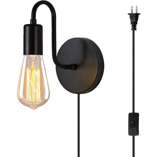 DTIEDY Plug in Wall Sconce with On Off Switch Industrial Wall Mount Light Fixture E26 Vintage Wall Sconces with Plug in Cord Black Metal Farmhouse 1-Light Wall Lamp for Bedroom Living Room