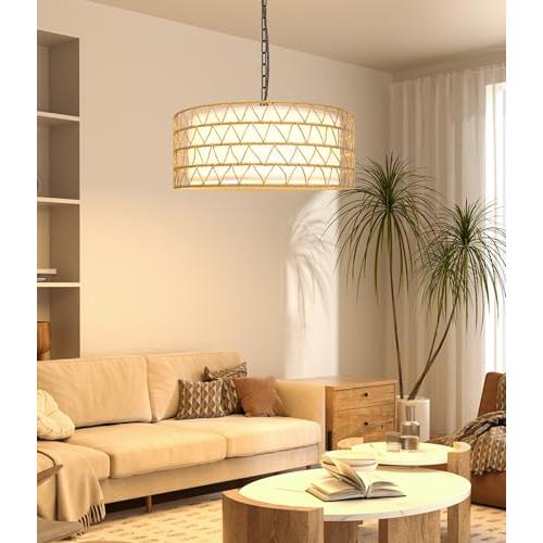 20 Rattan Chandelier Farmhouse Light Fixtures, 5-Light Boho Chandeliers for Dining Room, Fabric Lamp Shade for Living Room, Bedroom, Hallway Rattan Pendant Light Fixture, E26 (no test)
