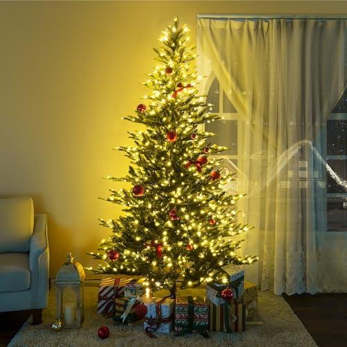 Naomi Home 7 5ft Nordic Christmas Tree with Lights Realistic Charming Christmas Tree Prelit with 1266 Branch Tips 700 Warm Lights and Metal Stand Aritificial