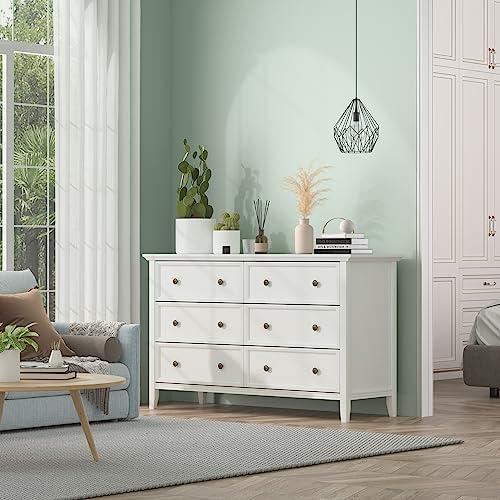 IKENO White 6 Drawer Dresser for Bedroom, Modern Solid Wood Large Storage Cabinet, Simple White Chest of Drawer for Bedroom Living Room Hallway Entryway