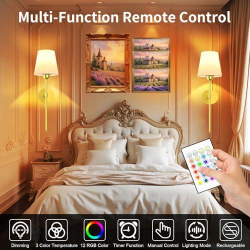 Gold 2 Pack Battery Operated Wall Sconce Set of 2 - Rechargeable Wireless Wall Lights with Remote, 6000mAh Dimmable Bulbs with 15 Colors, Wall Decor for Living Room, Bedroom, and Hallway (Gold)