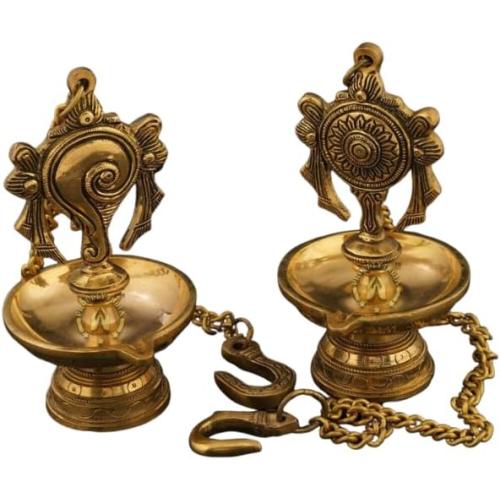 Brass Shangh and Chakra Antique Diya Wall Hanging with 1 Wick Set of 2