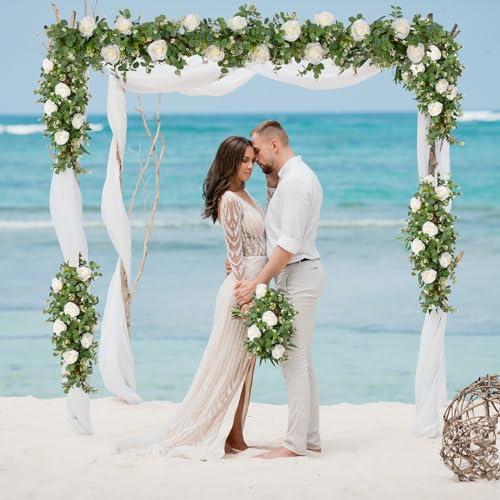 Dolicer 2Pcs 13Ft Artificial Eucalyptus Garlands with Flowers - 8 Roses, Faux Floral Greenery Garlands Fake Flowers Vines for Wedding Table Centerpieces Arch Party Ceremony Backdrop Decor (White)