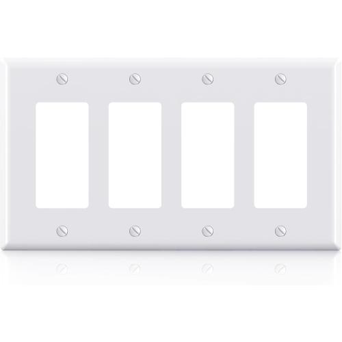 ELEGRP 4-Gang Decorative Wall Plates, Mid-Size 4.88 H x 8.57 L Unbreakable Thermoplastic Faceplate Cover for Decorator Receptacle Outlet Switch, UL Listed (1 Pack, Glossy White)
