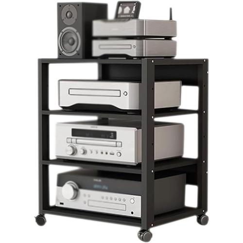 4 Tier Audio Rack Tower, CD Record Player Stereo Receiver AV Equipment Cabinet Display Rack, Weight Capacity 661 lbs, with Adjustable Wooden Shelves for Home (4 Tier Black)