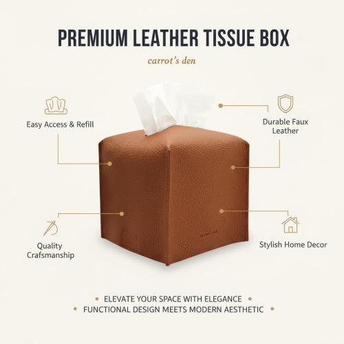 Carrot’s Den PU Leather Tissue Box Cover Holder, Bathroom Decor, Camel | Faux leather square holder fits standard facial tissue boxes. Decorative aesthetic accent for office desk, guest bedroom.