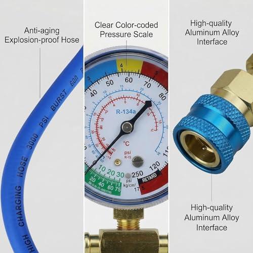 R1234YF Refrigerant Recharge Kit with Gauge – 1234YF Refrigerant & R134A AC Recharge Kits, with R-1234YF r134a Recharge Kit Self-Piercing Can Tap, Low-Side Quick Coupler, R410A Adapter for Auto AC
