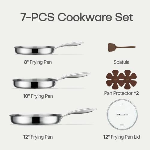CAROTE 7-Piece Tri-Ply Stainless Steel Frying Pan Set, Skillet Set 8/10/12, Induction Compatible, Oven & Dishwasher Safe, bronze Handle ?❗ no lid