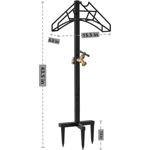 Freestanding Outdoor Garden Hose Holder Stand with Brass Faucet, Heavy Duty Metal Water Hose Reel Storage Stake Rack for Backyard, Black (Hose not Included)