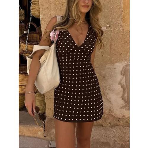 Size S ...Brown Polka Dot Mini Dress for Women Y2k V - Neck Sleeveless Mini Dress Vintage Streetwear Summer Outfit 2025