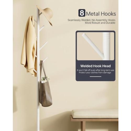 Coat Rack with 8 Hooks, 3 Adjustable Heights, Modern Hall Tree, Sturdy Metal Clothes Stand with Sintered Stone Base for Entryway, Office, Bedroom, for Coats, Hats, Handbags and Scarves, White
