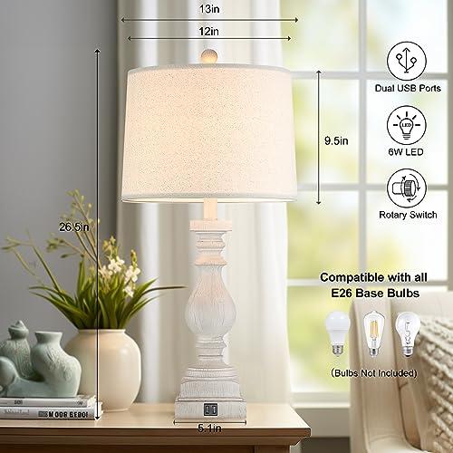 Rustic Dimmable Table Lamps Set of 2 with USB Charging Ports,26.5”Resin Beside Lamps for Living Room,Vintage Farmhouse Nightstand Lamps Traditional French Country Table Lamps for Bedroom