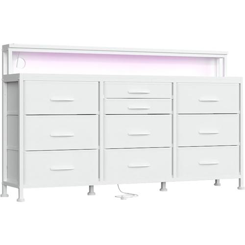 White Dresser for Bedroom with 10 Drawers, 55 W Long Dressers & Chests of Drawers with LED Lights & Power Outlets & Shelves, Fabric Dresser for Closet, Entryway
