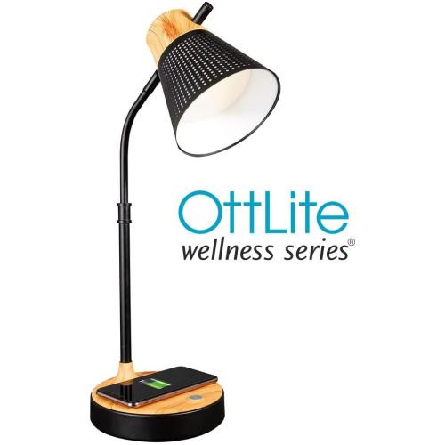 OttLite Wellness Series Wireless Charging LED Table Lamp, LED Desk Lamp and Book Light, Reading Light, Great Desk Lights for Home Office, Black with Woodgrain Accents