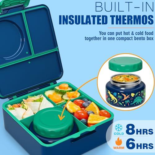 Fimibuke Bento Box for Kids Adult, BPA Free & Leakproof Toddler Lunch Box with 8.5oz Insulated Food Jar, Utensils & Sauce Jar, Dishwasher Safe 3 or 4 Compartment Container for School Girl Boy