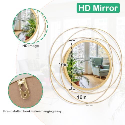 Gold Large Round Mirror with Iron Metal Wire Frame Wall-Mounted Mirror for Home Decorative Living Room Bedroom Bathroom Entryway White 16” x 16”