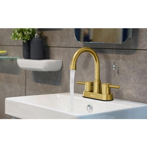 Gold Bathroom Faucet, Brushed Gold Bathroom Faucet, Gold Faucets for Bathroom Vanity, 4 Inch 2 Handle Centerset, Lead-Free, with Copper Pop Up Drain (Brushed Gold)