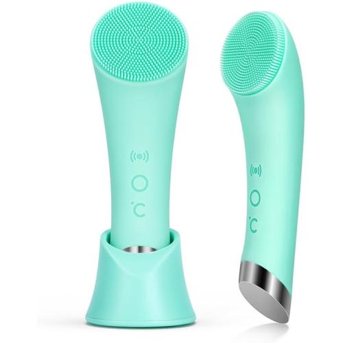 PRITECH Silicone Face Scrubber, Rechargeable Facial Cleansing Brush with Heat Massage End, Vibrating Exfoliator Scrubber for Deep Cleaning, Waterproof Face Brush for Women and Men (Green)