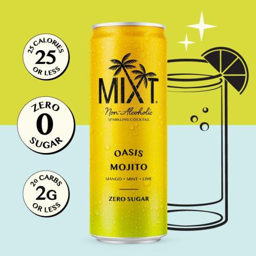 MIXT Premium Sparkling Non-Alcoholic Sparkling Cocktail - Oasis Mojito – Zero Sugar, Ready to Drink, Adaptogens, Nootropics, 2g of carbs or less, Low Calorie, 12oz Cans (Pack of 4)