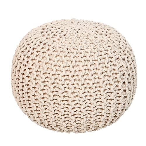 REDEARTH Round Pouf Ottoman - Cable Knitted Boho Poof - Home Décor Cord Pouffe Handmade Circular Footrest for Living Room - Bedroom - Kids Bedroom - 100% Cotton Pouf (18 x 18 x 14) - Ivory