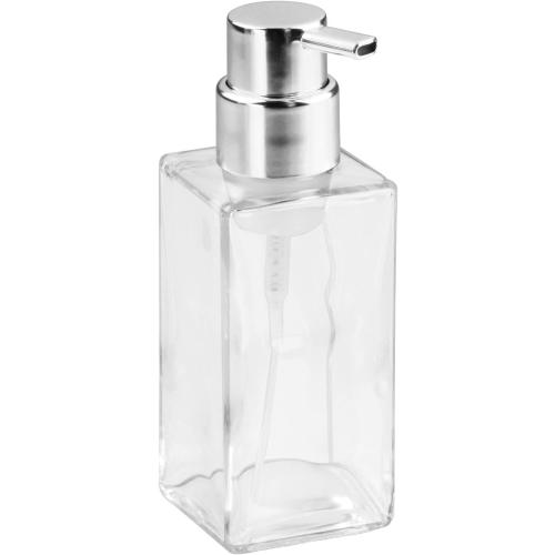mDesign Glass Refillable Foaming Hand Soap Dispenser Modern Square Pump Bottle for Bathroom Vanities or Kitchen Sink, Countertops - 2 Pack - Clear/Chrome