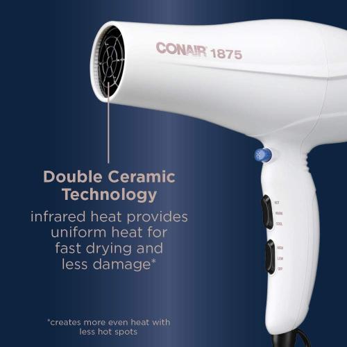 Conair Double Ceramic 1875W Hair Dryer, 3 Heat/ 2 Speed Blow Dryer, Powerful and Fast Drying, Includes Concentrator, Cool Shot Button, Removable Filter, White, Travel hair dryer