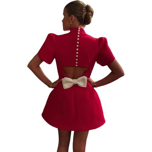 ANKOMINA Women's Medium Elegant Bow Backless Hollow Out Mini Dress Sexy Turtleneck Pad Shoulder Dresses for Party Evening