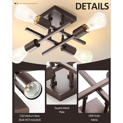 Pack of 2 Industrial 4-Light Semi Flush Mount Ceiling Light Fixture, Modern Oil Rubbed Bronze Chandelier Lighting, Farmhouse Sputnik Ceiling Lamp with E26 Bulb Base for Living Room Hallway, 2 Pack