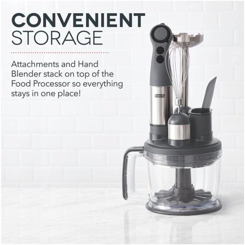 Dash Chef Series Deluxe Immersion Hand Blender Set, 5 Speed, 330W with Food Processor, Whisk, Masher & Dough Hook Attachments, Stainless Steel Blades for Soups, Sauces, Smoothies & Purées - Cool Grey