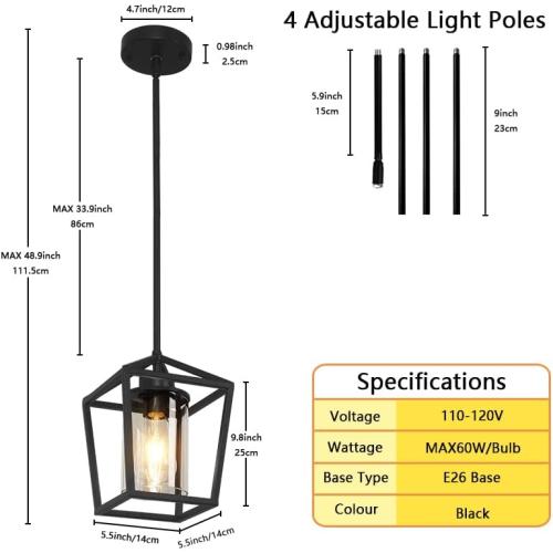 1 Pack Black Pendant Light Fixture Farmhouse Iron Cage Metal Pendant Light Lantern Hanging Light Fixtures with Clear Glass Shade for Kitchen Island, Dining Room, Hallway,Entryway1