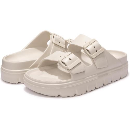 FUNKYMONKEY Women's 6 Cream Comfort Slides Double Buckle Adjustable Plastics Flat Sandals
