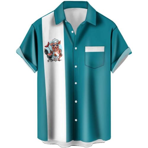 Men's Funny Hawaiian Shirts Pig BBQ Printed Short Sleeve Button-Up Bowling Shirt Regular Fit Casual Aloha Beach Tops