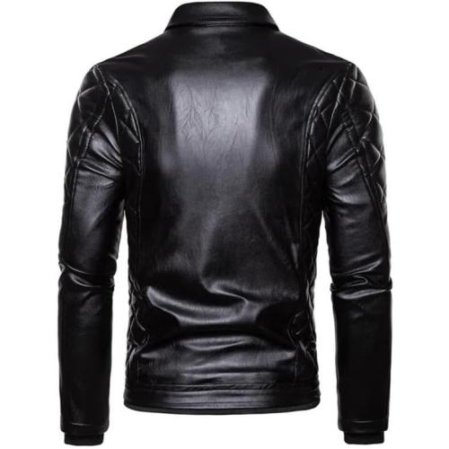 Fitshop Motorcycle Bomber  faux Leather Jacket Men Autumn Turn Down Fur Collar Cafe Racer Black Leather Jacket medium