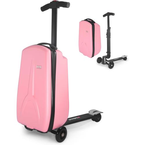 Pink iubest Luggage Carry On Scooter Suitcase for Kids Age 4-15, Detachable & Foldable 4 in 1 Suitcase, Multifunctional Ride On Travel Trolley Scooter Combo-Pink