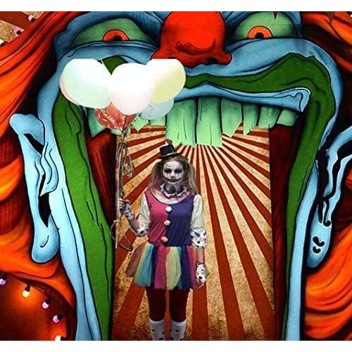 Scary Giant Clown Photography Backdrop Red White Stripe Carnival Photo Background Photo Booth Studio Props Supplies Horror Circus Haunted House 7x5ft Vinyl Halloween Party Banner Decorations